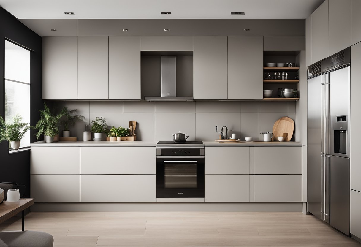 A sleek, modern kitchen with clean lines and organized storage. Minimalist design with integrated appliances and a neutral color palette