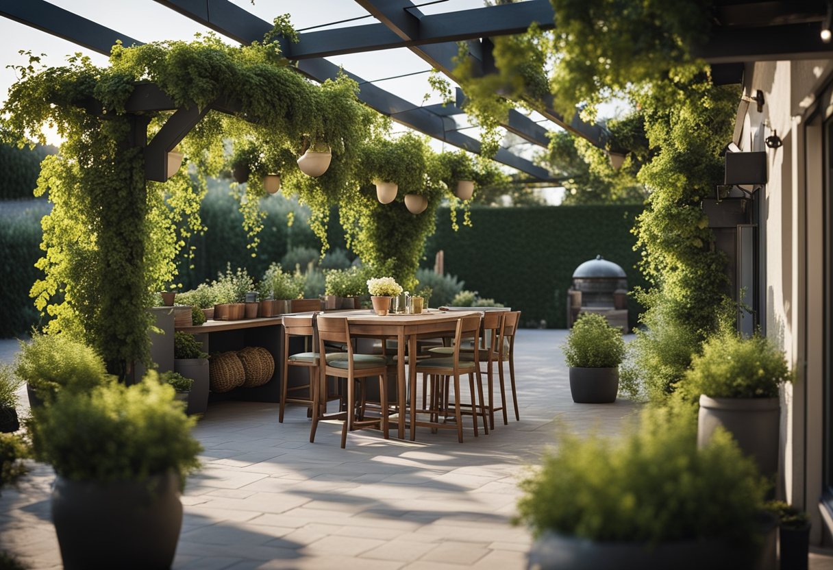 A spacious kitchen yard with neatly arranged planters, a cozy seating area, and a pergola covered in climbing vines