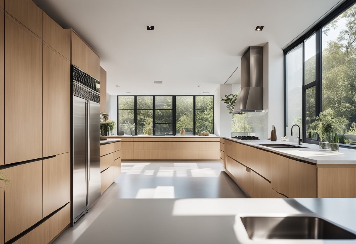 A sleek, minimalist kitchen with clean lines, light wood cabinets, and stainless steel appliances. The space is bright and airy with large windows and a simple, functional layout