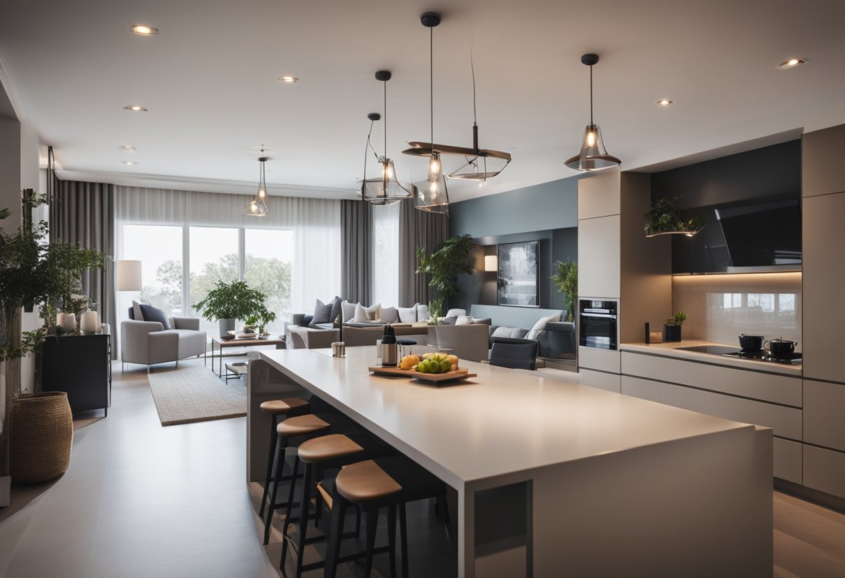 An open plan kitchen, dining, and living room with modern furnishings and a seamless flow between the spaces
