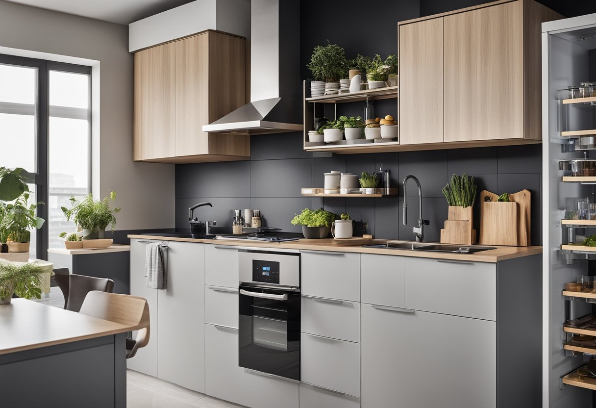 A compact kitchen with space-saving cabinets, pull-out drawers, and foldable countertops. Efficient use of vertical space with hanging racks and shelves