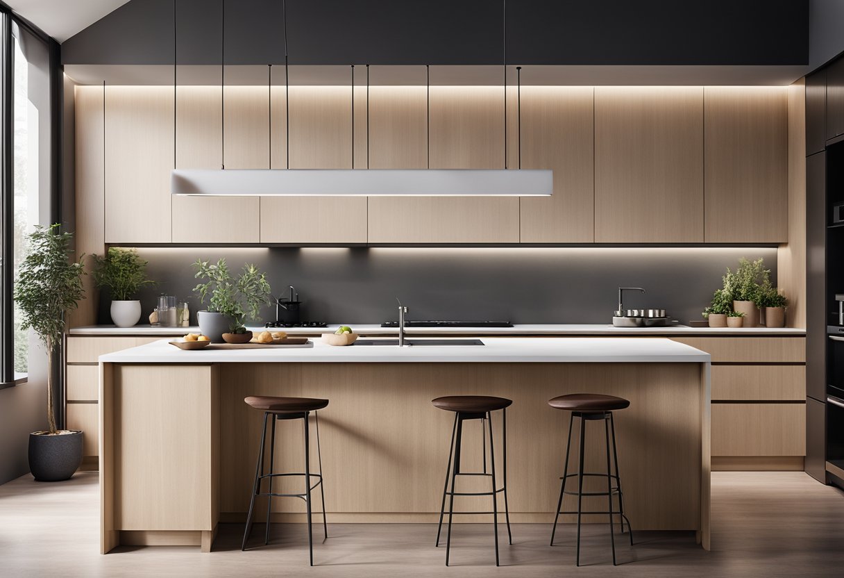 A sleek, minimalist kitchen with clean lines, light wood cabinets, and white countertops. Natural light floods the space, highlighting the simple yet functional design