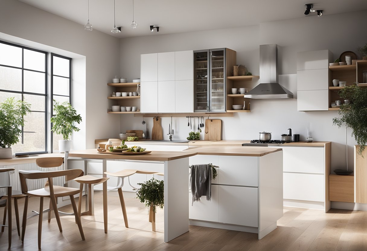 A modern scandinavian kitchen with clean lines, minimalistic furniture, and natural light streaming in through large windows. White walls, light wood cabinets, and sleek stainless steel appliances create a sleek and functional space