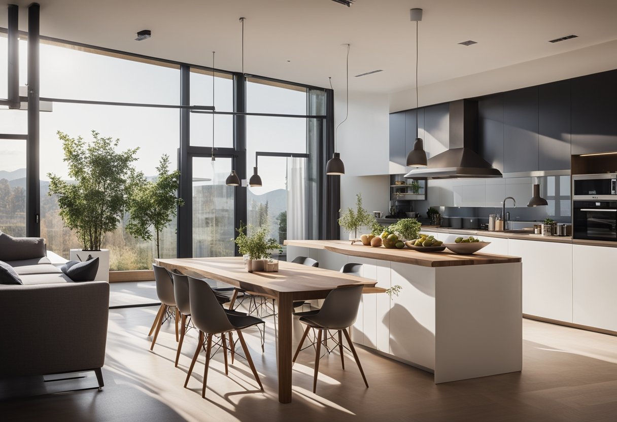 A spacious open plan kitchen flows into a cozy living area with modern furniture and a large dining table. The natural light floods in through the large windows, creating a warm and inviting atmosphere