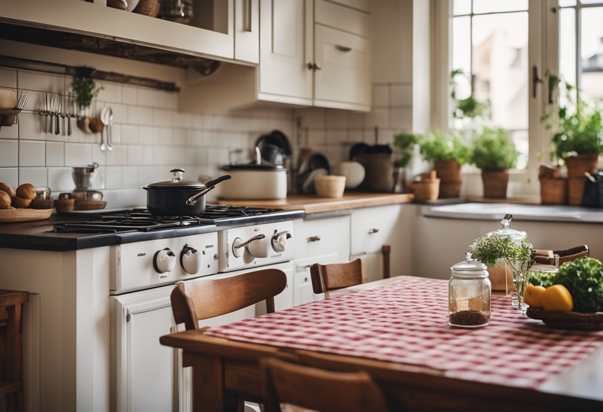 A cozy European kitchen with white cabinets, a small farmhouse sink, and a vintage stove. A wooden table with a checkered tablecloth sits in the center