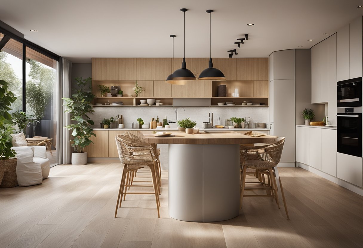 An open plan kitchen flows seamlessly into a dining area and living room. Neutral colors and natural materials create a cohesive and inviting space