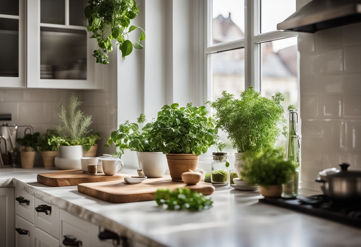 A cozy European kitchen with white cabinets, marble countertops, and a small bistro table with two chairs. A large window lets in plenty of natural light, and fresh herbs sit on the windowsill