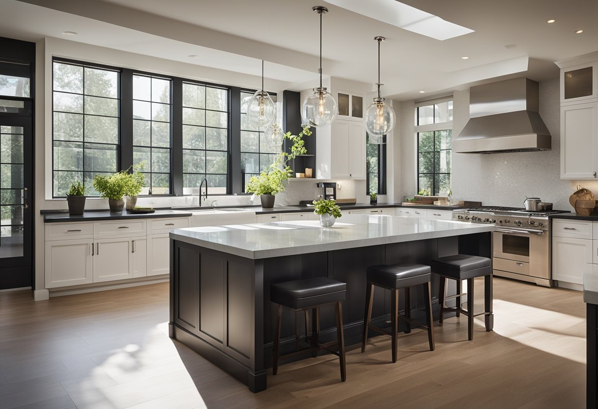 A spacious, modern kitchen with sleek countertops, ample storage, and a large island for cooking and entertaining. Bright natural light streams in through large windows, illuminating the room