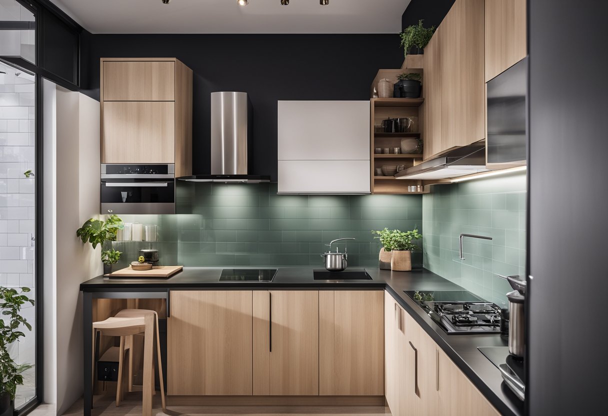 A compact modular kitchen with built-in appliances and clever storage solutions