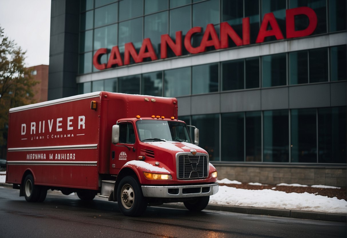 A red delivery truck parked outside a Canadian company's headquarters, with a sign reading "Driver Canada Jobs" on the side