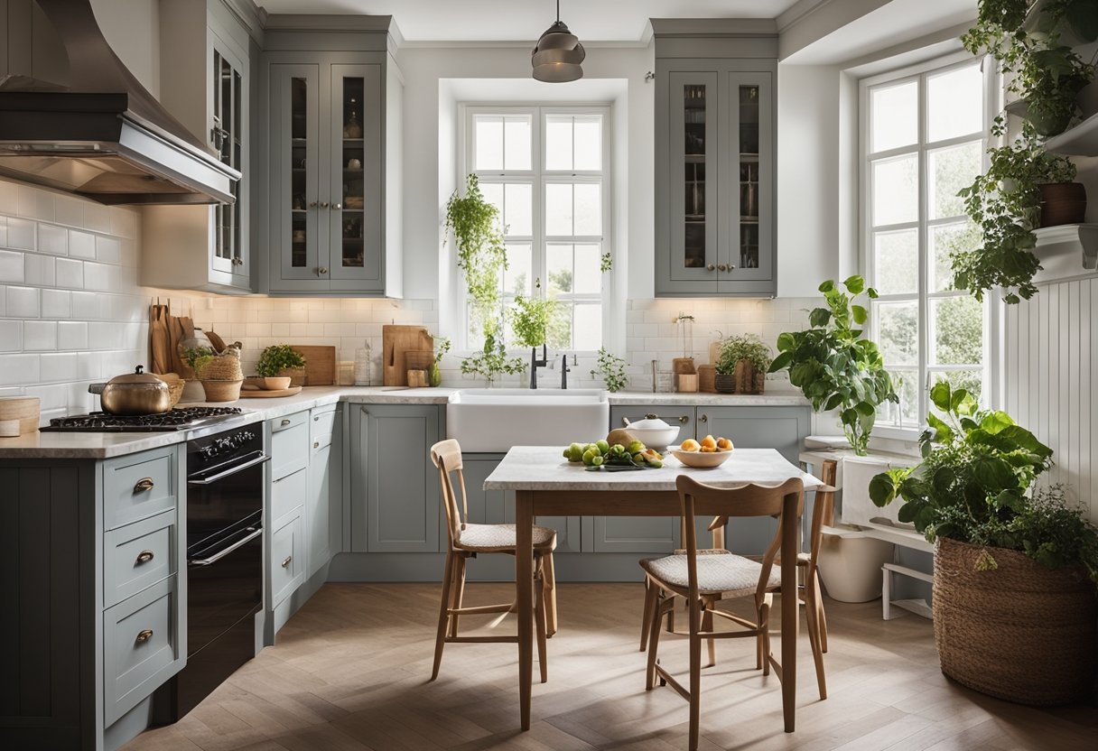 A cozy small European kitchen with white cabinets, marble countertops, and a vintage farmhouse sink. A small table with two chairs sits in the corner, and a window allows natural light to fill the space