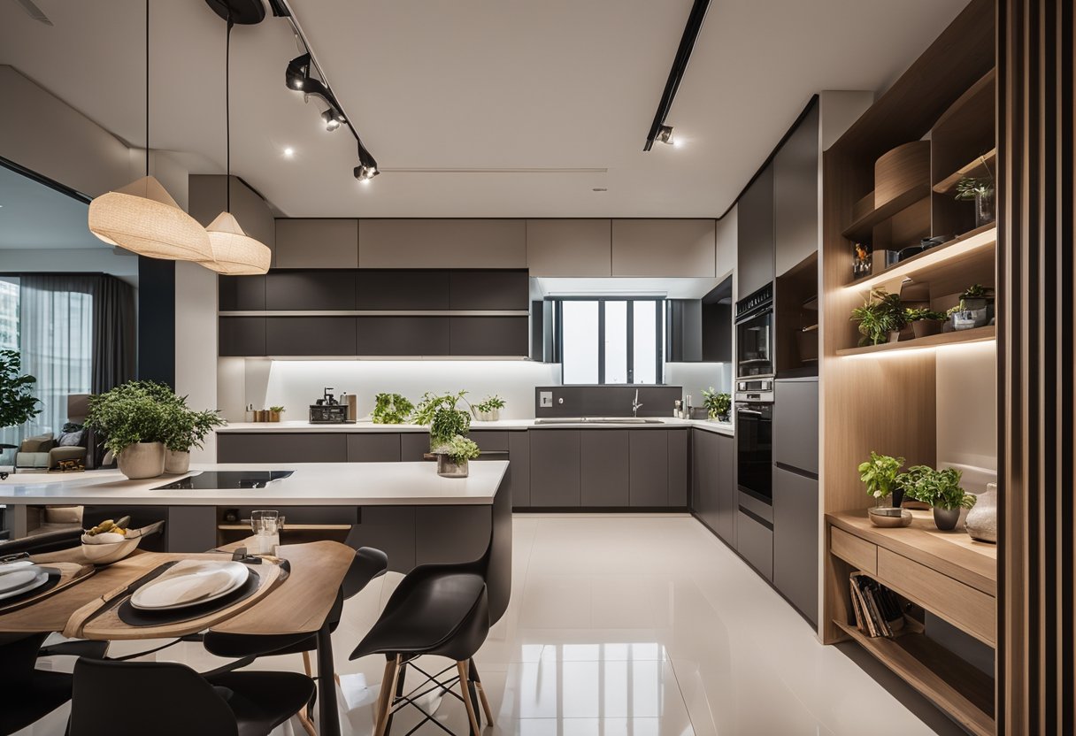 A modern HDB flat interior with sleek furniture, minimalist decor, and a functional kitchen layout