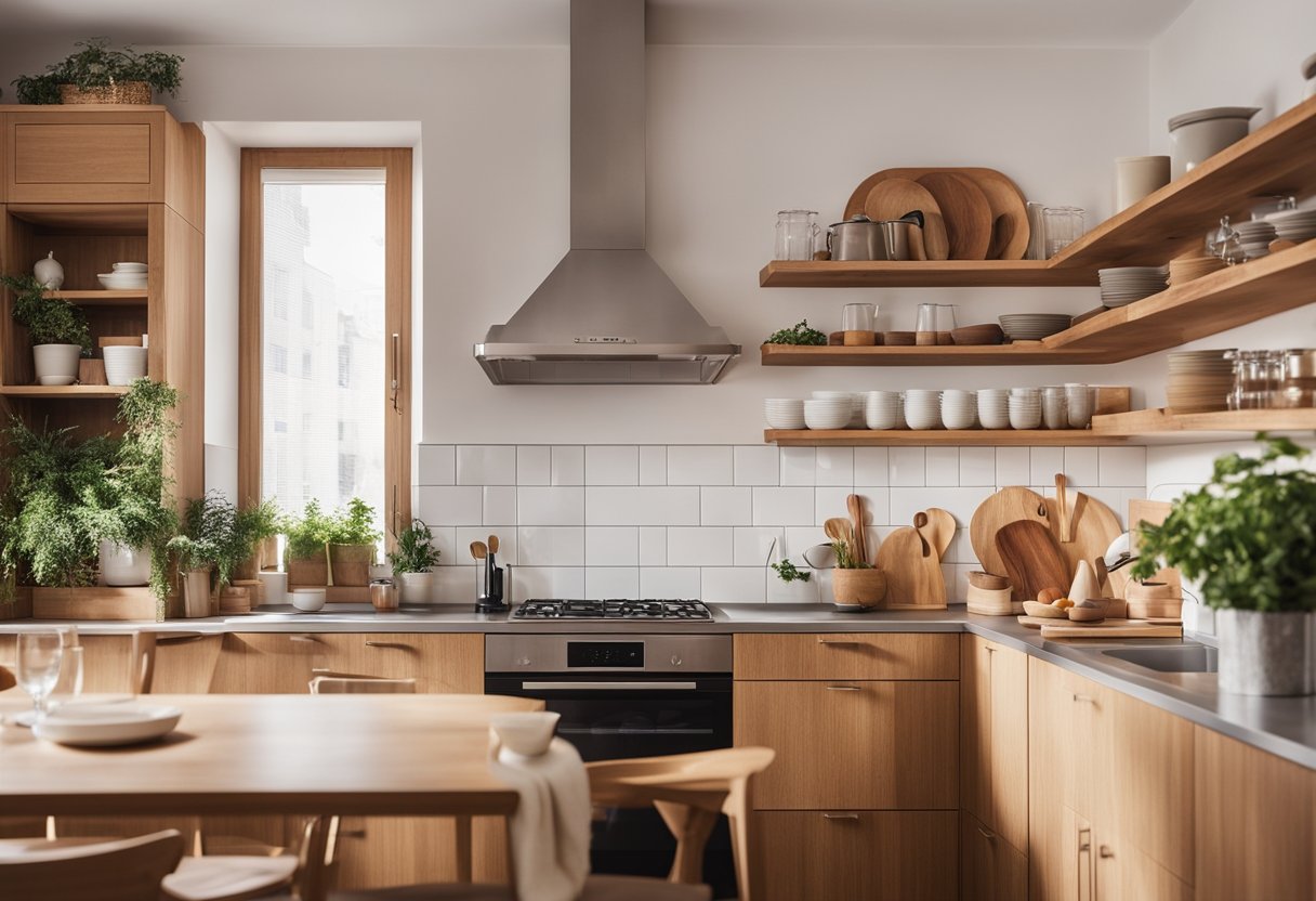 A cozy European kitchen with compact layout, open shelving, and integrated appliances. Warm wood tones and natural light create a welcoming atmosphere