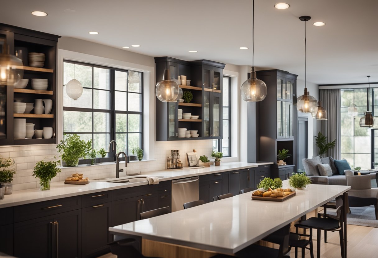 A spacious, modern kitchen with sleek countertops and ample storage. Adjoining is a cozy, well-lit room with comfortable seating and a large, inviting table for gatherings