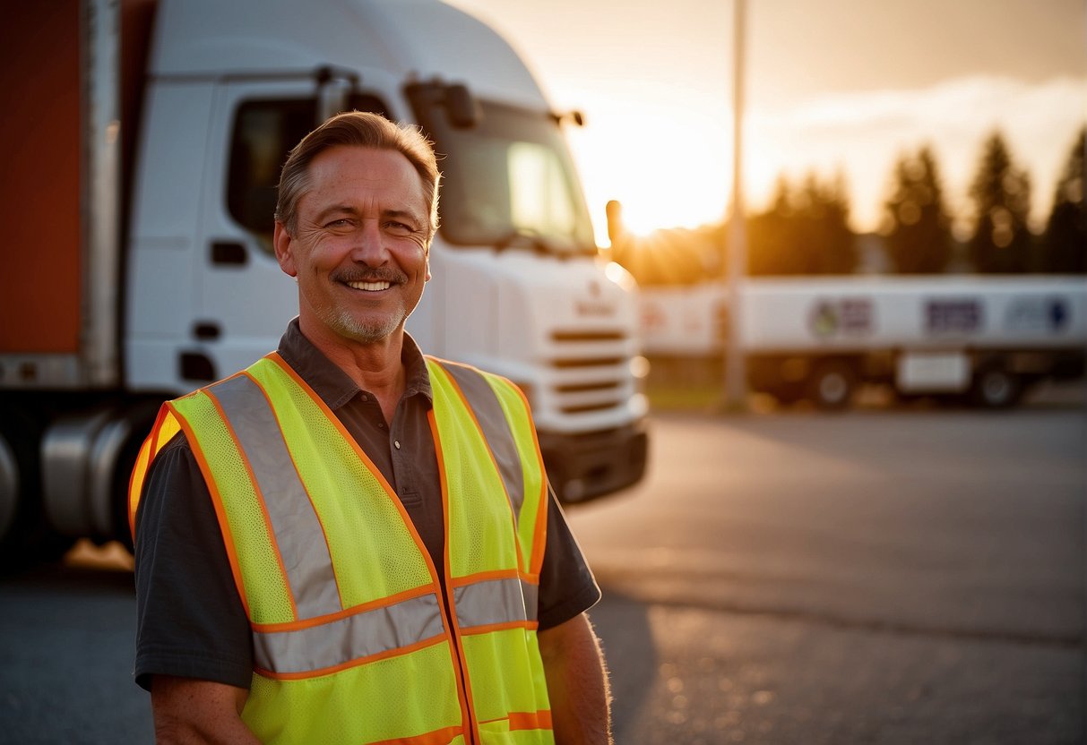 A driver wearing a reflective vest stands next to a delivery truck. The sun is setting, casting a warm glow over the industrial park. A sign nearby advertises "Driver Canada Jobs" with information about working conditions and benefits