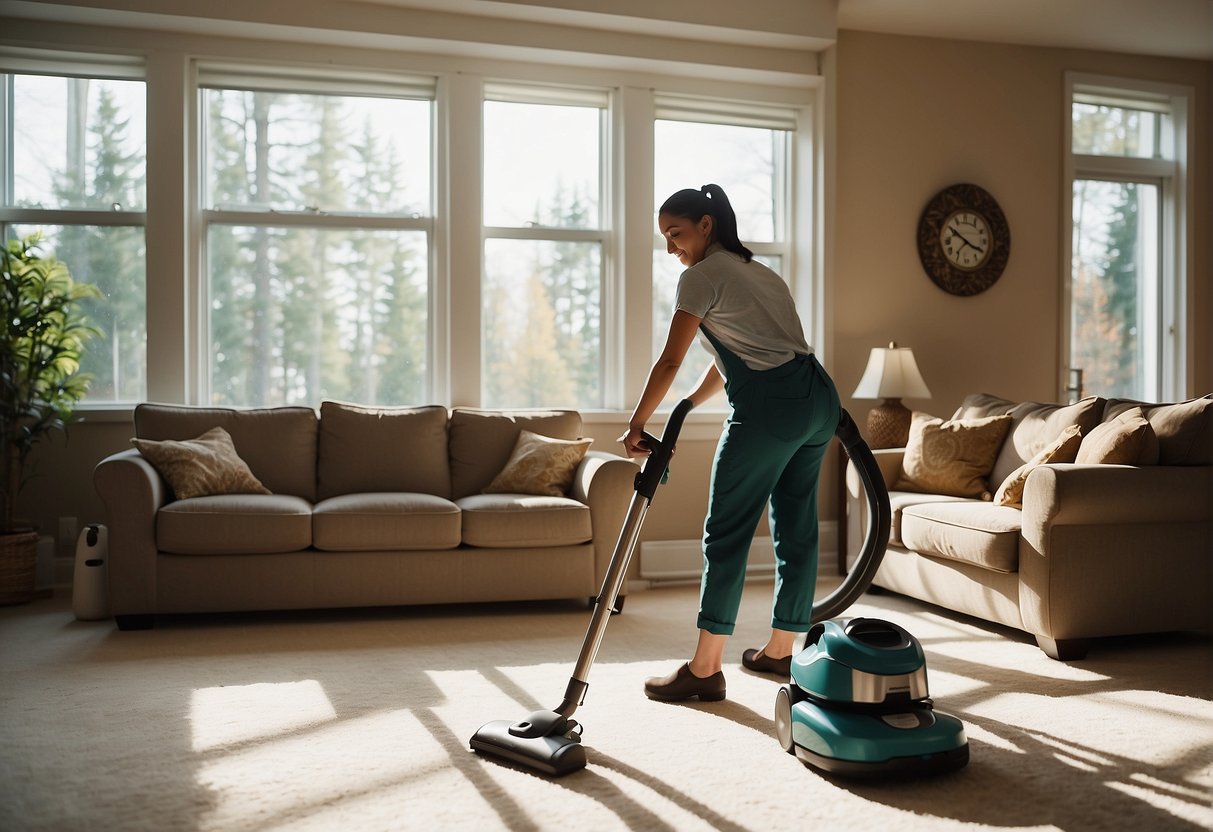 A housekeeper tidies a spacious, modern living room in Canada, dusting furniture and vacuuming the plush carpet. Sunlight streams in through large windows, casting a warm glow on the room