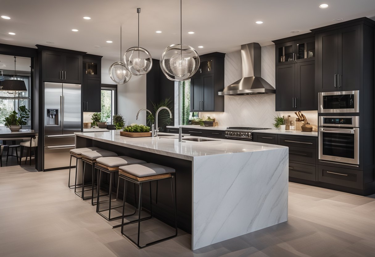 A sleek kitchen with modern appliances, clean lines, and minimalist decor. A large island with a marble countertop and pendant lighting overhead