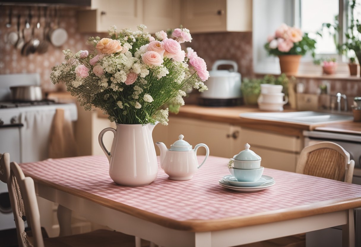 A cozy vintage kitchen with floral wallpaper, checkered floors, and pastel-colored appliances. A wooden table with a lace tablecloth and a vase of fresh flowers completes the charming scene