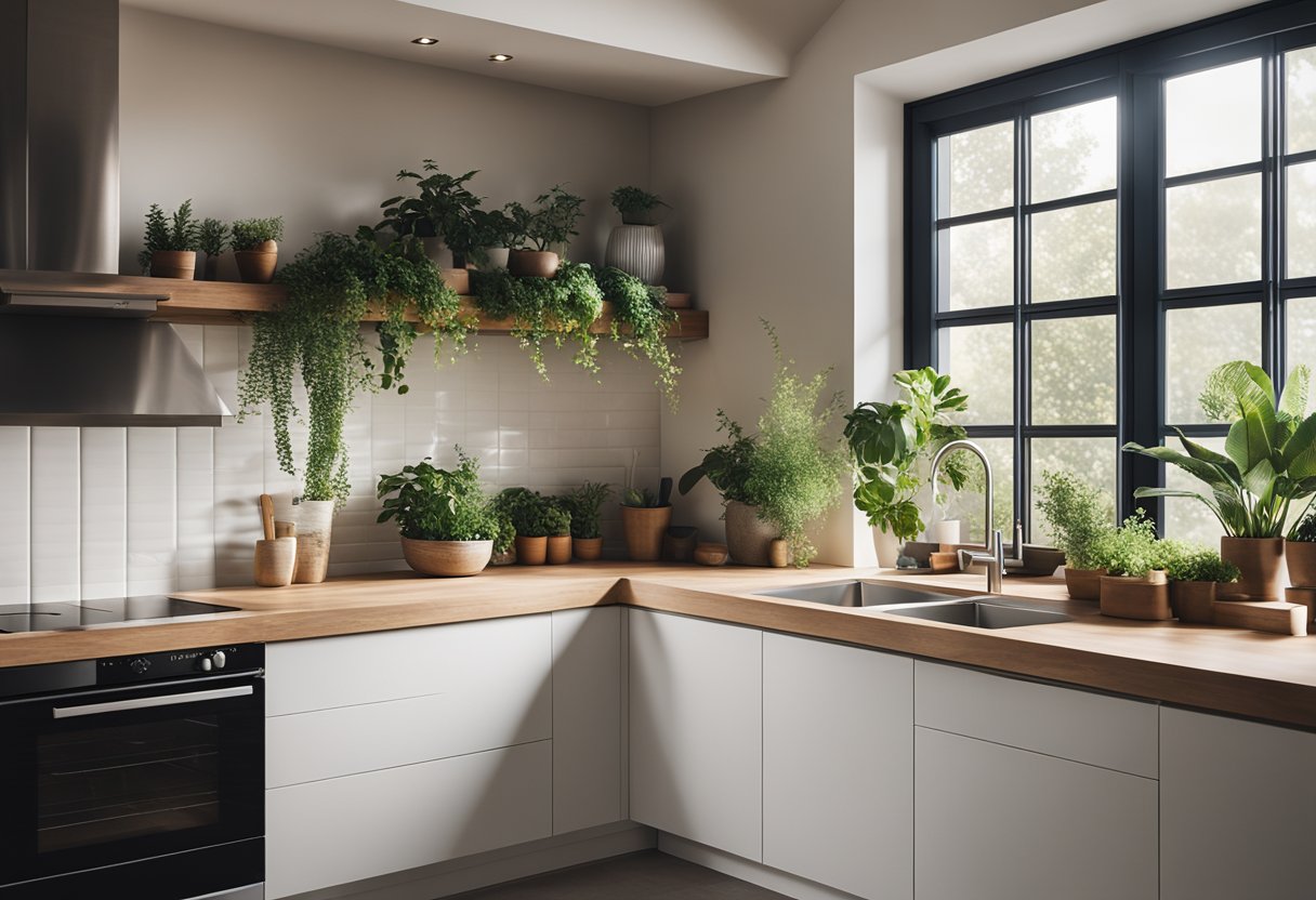 A clean, minimalist kitchen with natural materials, soft lighting, and a sense of tranquility. A large window allows natural light to fill the space, and potted plants bring a touch of nature indoors
