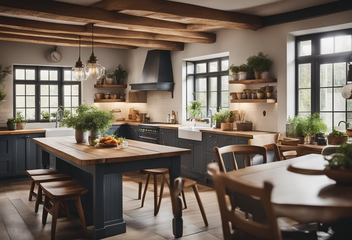A cozy European kitchen with exposed wooden beams, a large farmhouse sink, and a rustic wooden dining table with mismatched chairs