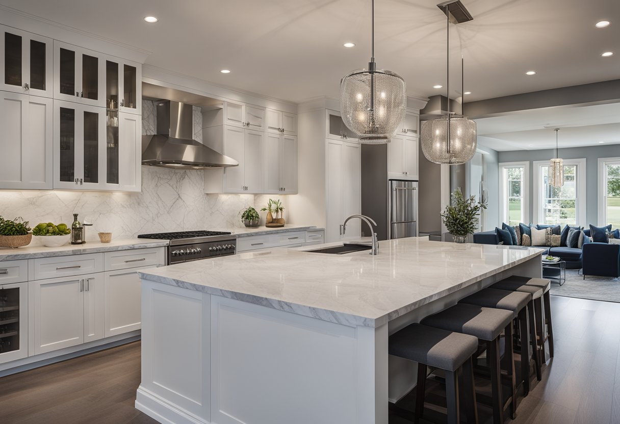 A sleek, modern kitchen with stainless steel appliances, marble countertops, and a minimalist color palette. A large island with bar seating and pendant lighting completes the functional yet stylish space