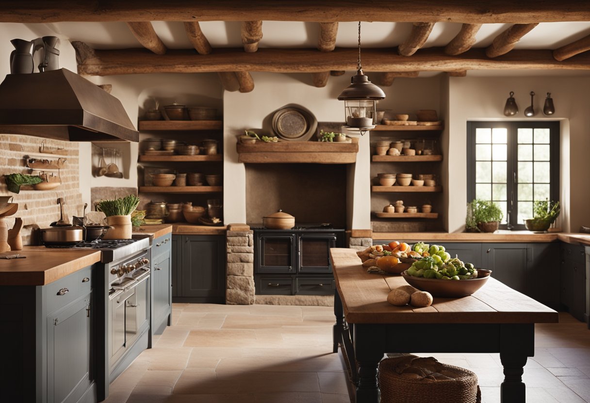 A rustic kitchen with exposed wooden beams, stone countertops, and a large fireplace. Traditional pottery and copper cookware hang from the walls, while a farmhouse table is set with fresh produce and a loaf of bread