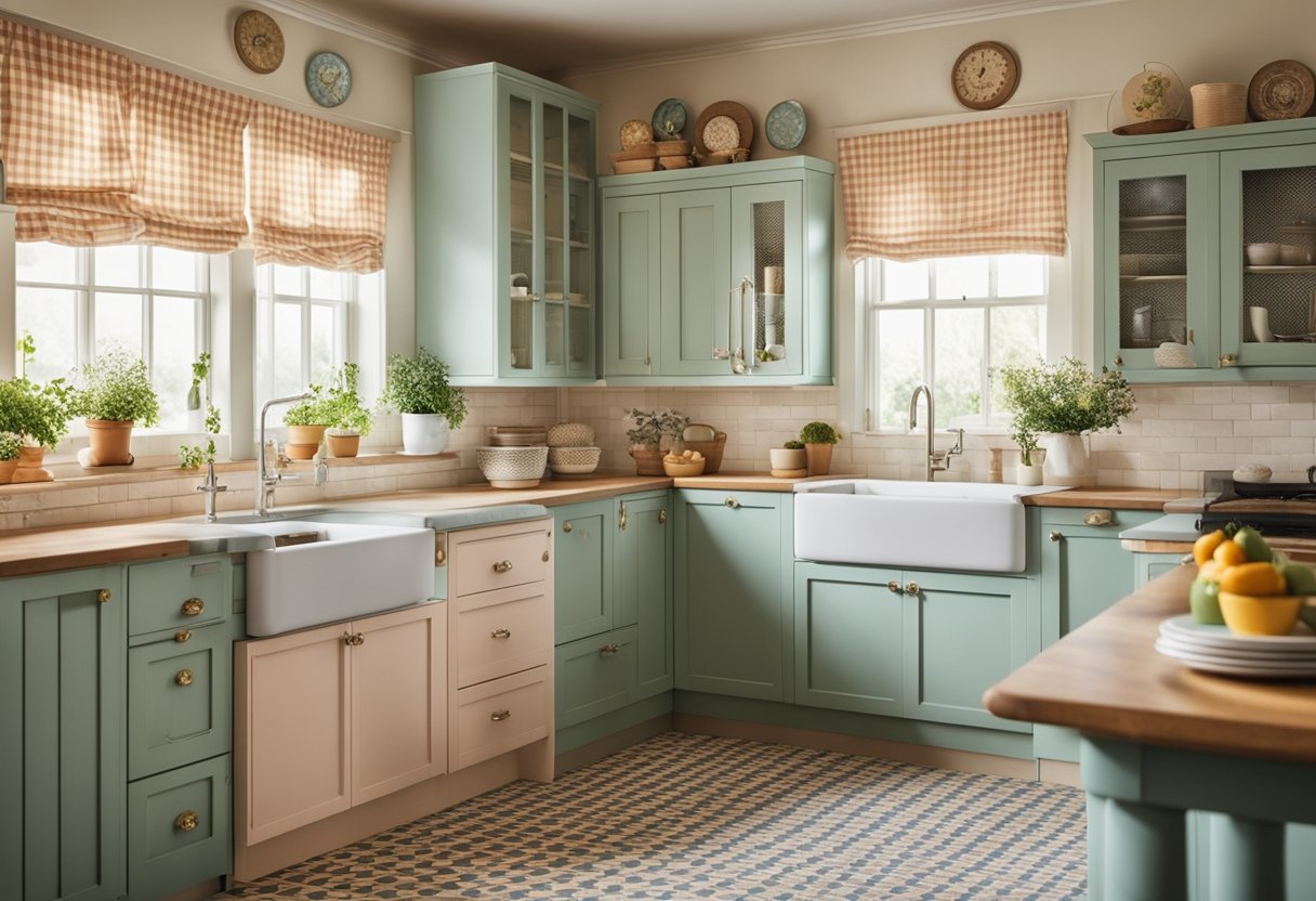 A cozy vintage kitchen with pastel-colored cabinets, checkered flooring, and retro appliances. A floral valance adorns the window above the farmhouse sink