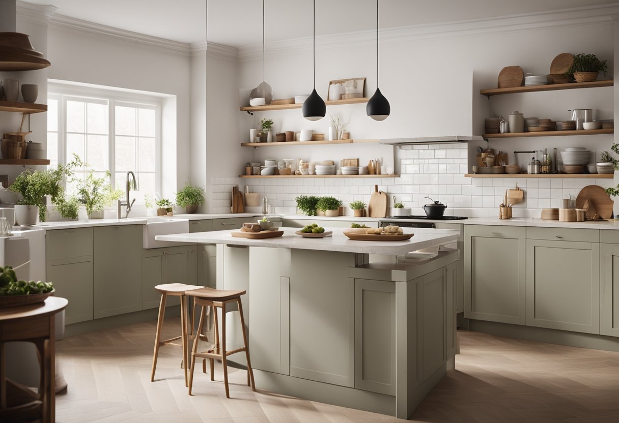 A clutter-free kitchen with natural light, minimalist decor, and ample space for movement and organization. A neutral color palette and clean lines create a calming atmosphere