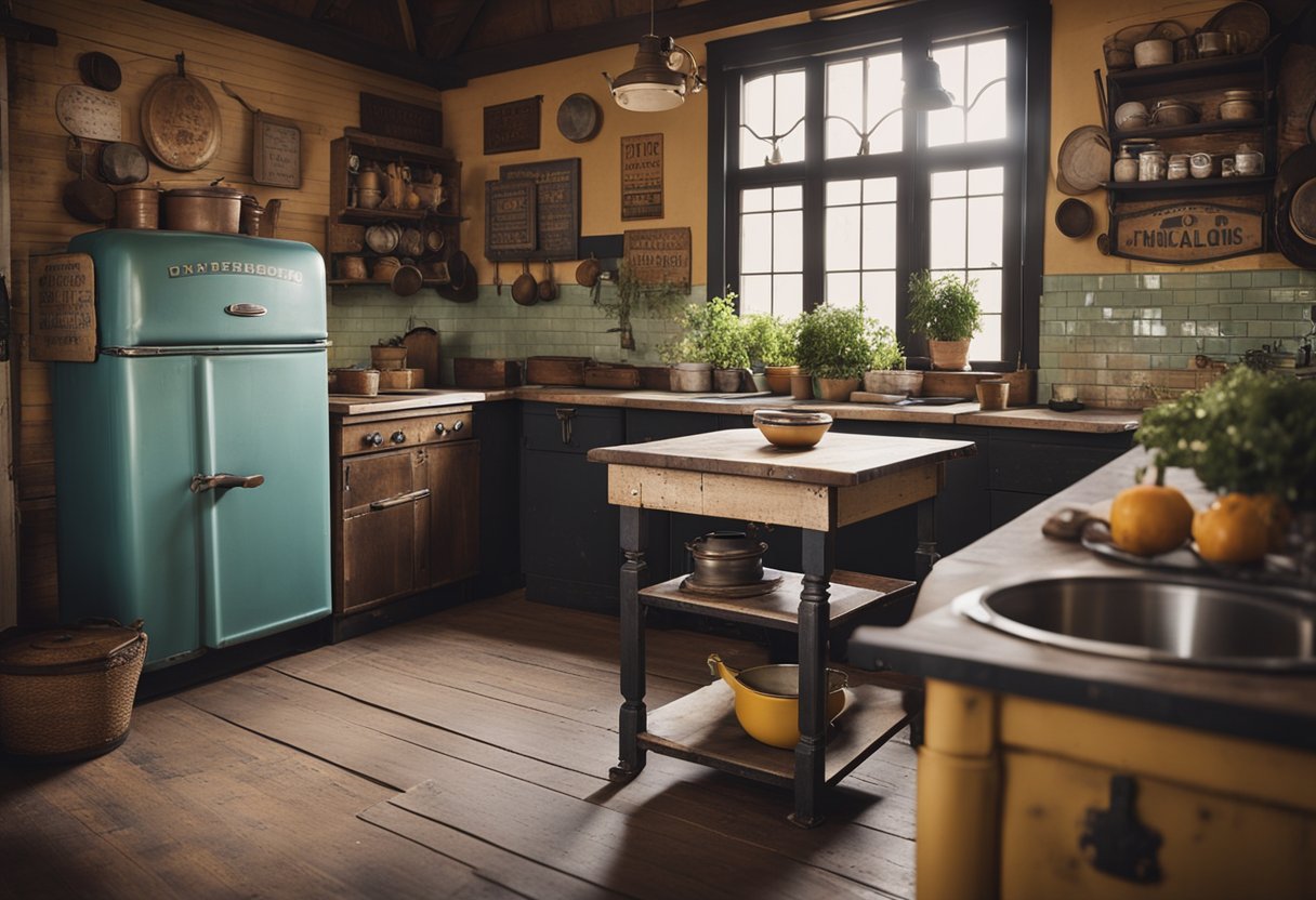 The vintage kitchen is filled with worn wooden cabinets, a distressed farmhouse table, and antique metal cookware. The walls are adorned with vintage signs and the floor is covered in colorful patterned linoleum