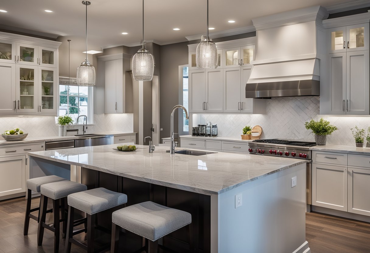 A modern kitchen with sleek cabinets, marble countertops, and stainless steel appliances. A large island with bar seating and pendant lighting