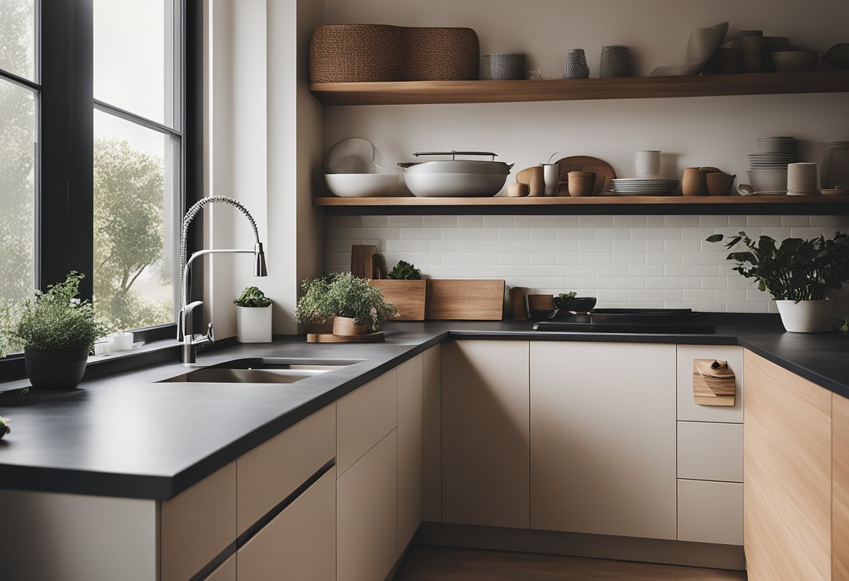 A minimalist kitchen with clean lines, natural materials, and ample natural light. A serene color palette and uncluttered counters create a peaceful atmosphere