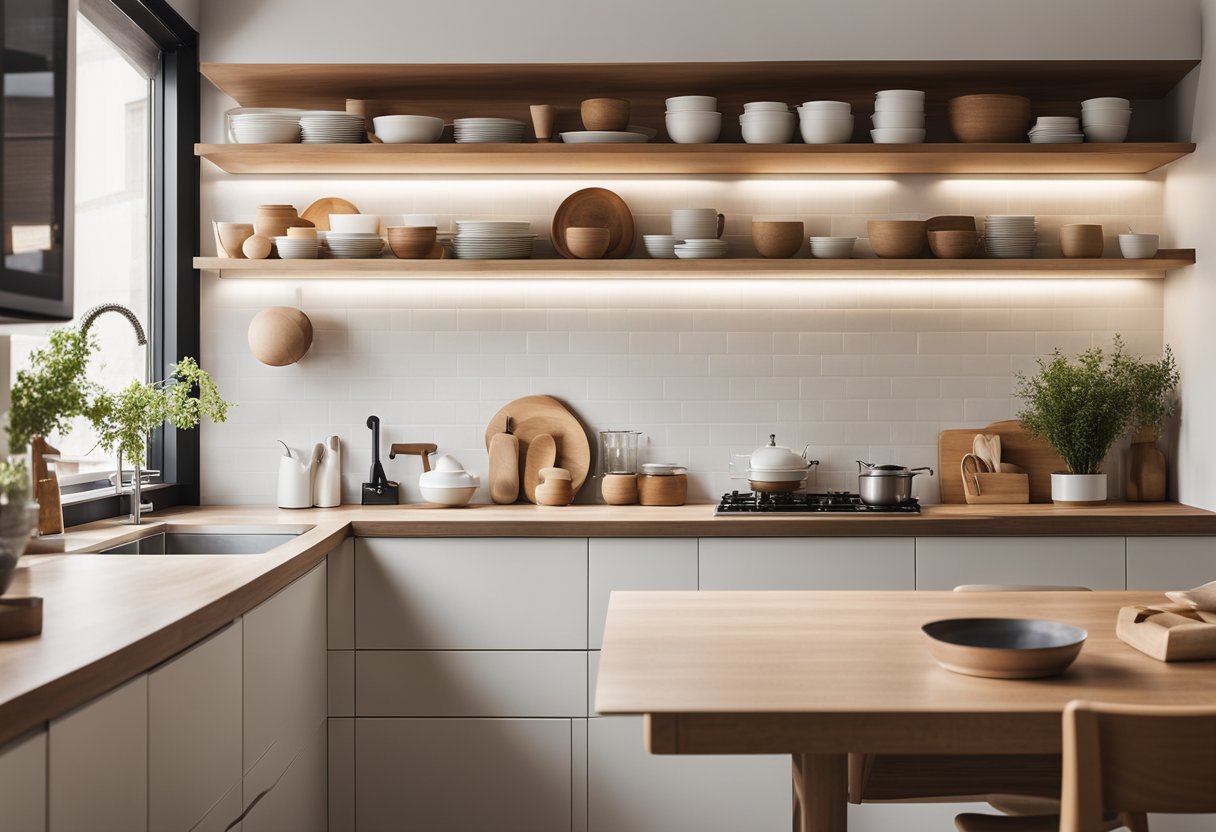 A serene kitchen with clean lines, natural materials, and minimalistic decor. Soft, neutral colors create a peaceful atmosphere. Open shelving and hidden storage maximize space