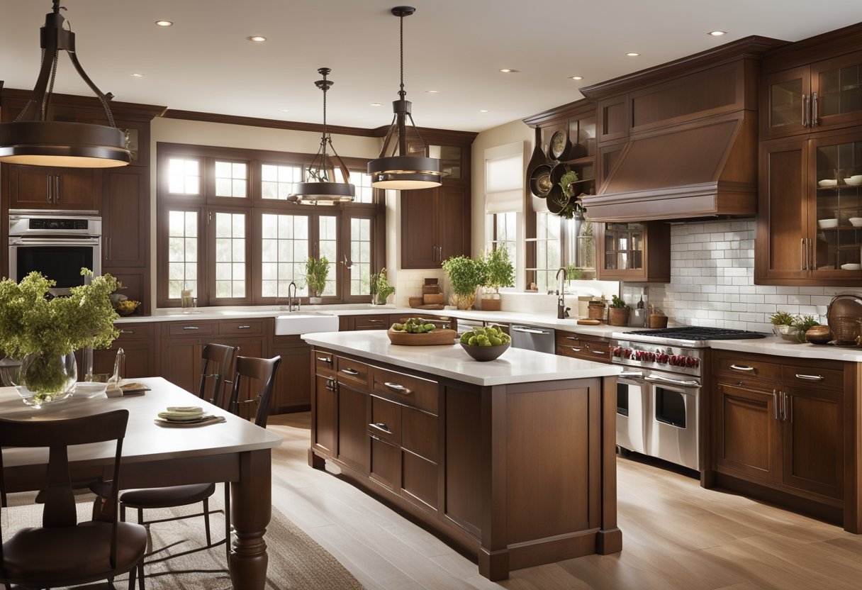 A spacious kitchen with warm wood cabinets, a large central island, and vintage-inspired appliances. The layout is open and inviting, with plenty of natural light streaming in through the windows