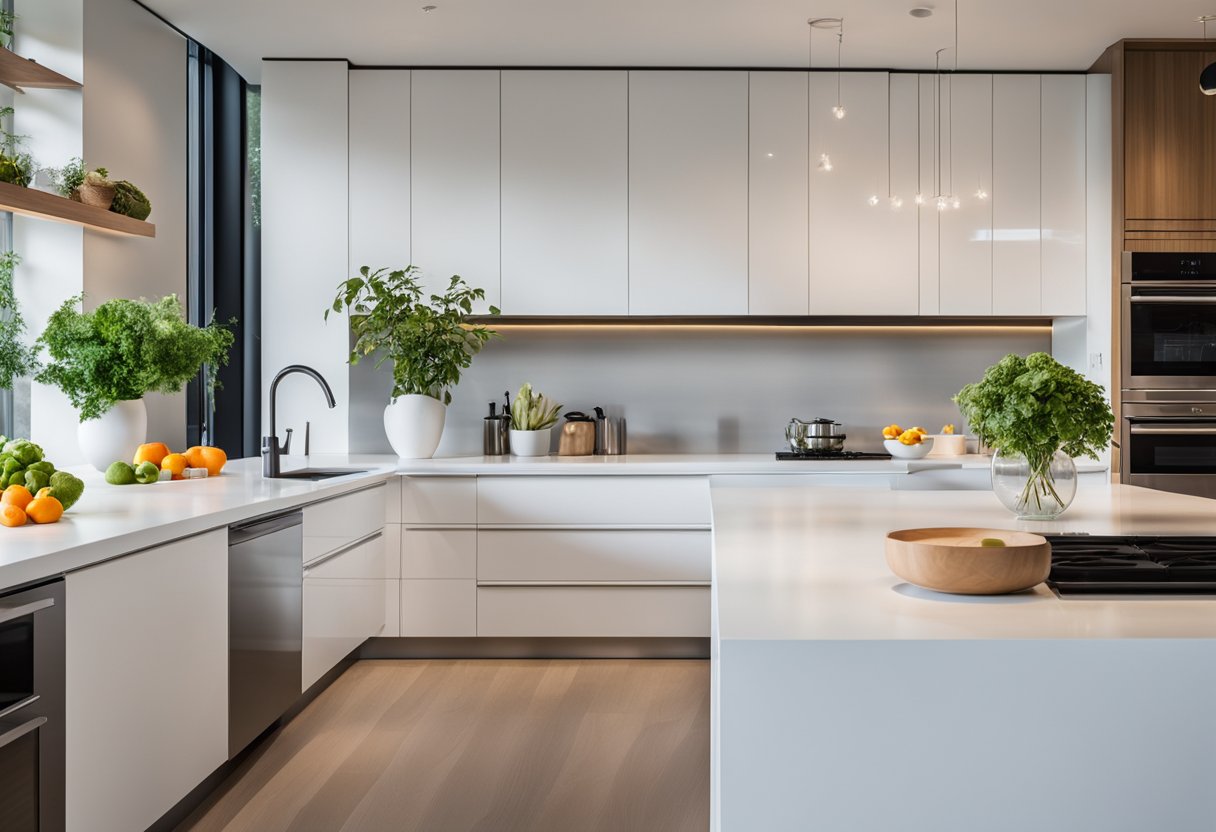 A modern, sleek kitchen with clean lines, stainless steel appliances, and minimalist design elements. The space is well-lit with natural light, and there are pops of color from decorative accents and fresh produce on the countertops