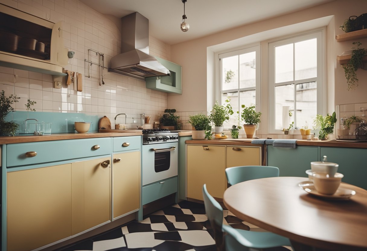 A cozy vintage kitchen with retro appliances, checkered flooring, and pastel-colored cabinets. A breakfast nook with a small table and chairs completes the charming scene