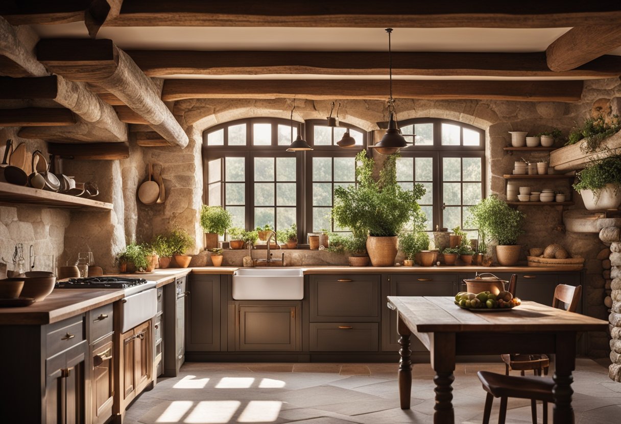 A cozy, rustic European kitchen with a large stone fireplace, wooden beams, and hanging copper cookware. A farmhouse sink sits beneath a window with lace curtains, and a long wooden dining table is set with floral china