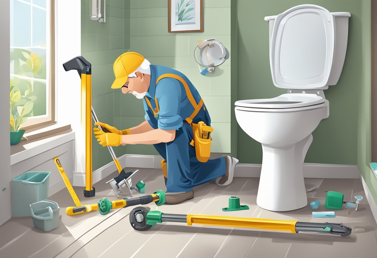 A professional installing new bathroom grab bars for elderly parents, replacing old ones. Tools and hardware scattered on the floor