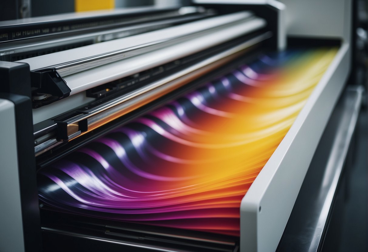 Machines hum at Houston Print Shop, paper feeds into printers, colors swirl, and a stack of finished prints awaits pickup