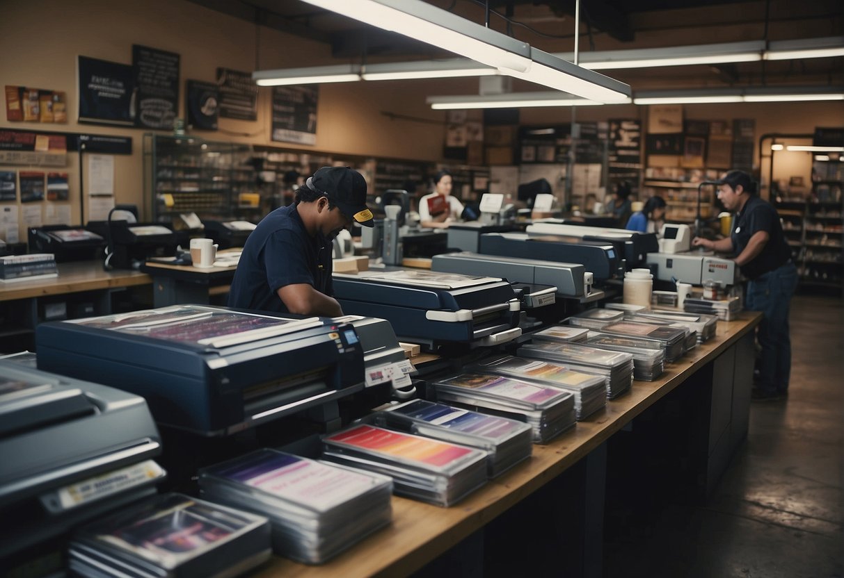 A bustling Houston print shop with vibrant colors, busy staff, and satisfied customers. The shop is filled with the sounds of printing machines and the scent of fresh ink
