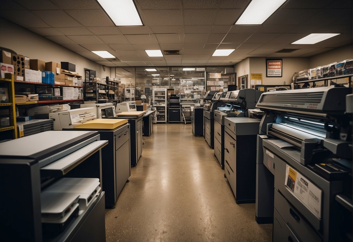 A busy Houston print shop with various services and products on display, including printing machines, paper supplies, and design materials