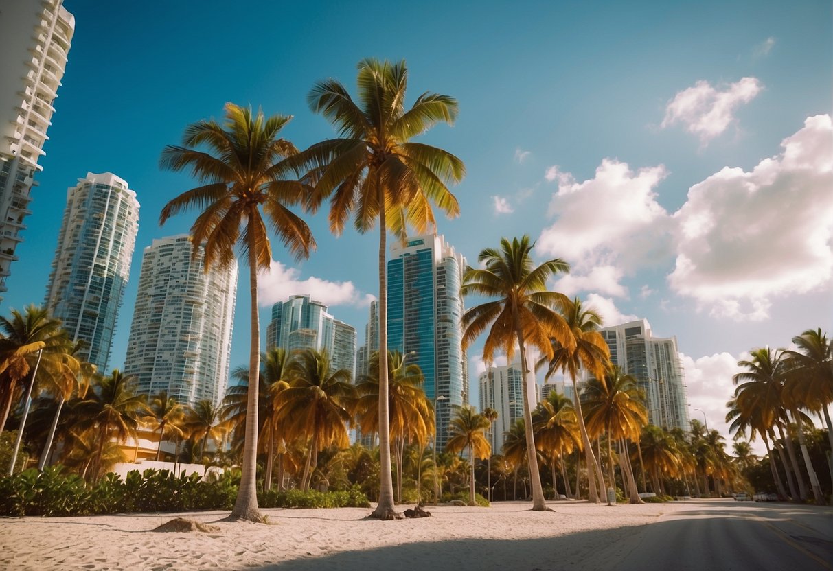 Vibrant Miami skyline with palm trees, beach, and colorful buildings. Large format printing shop sign prominent in the scene