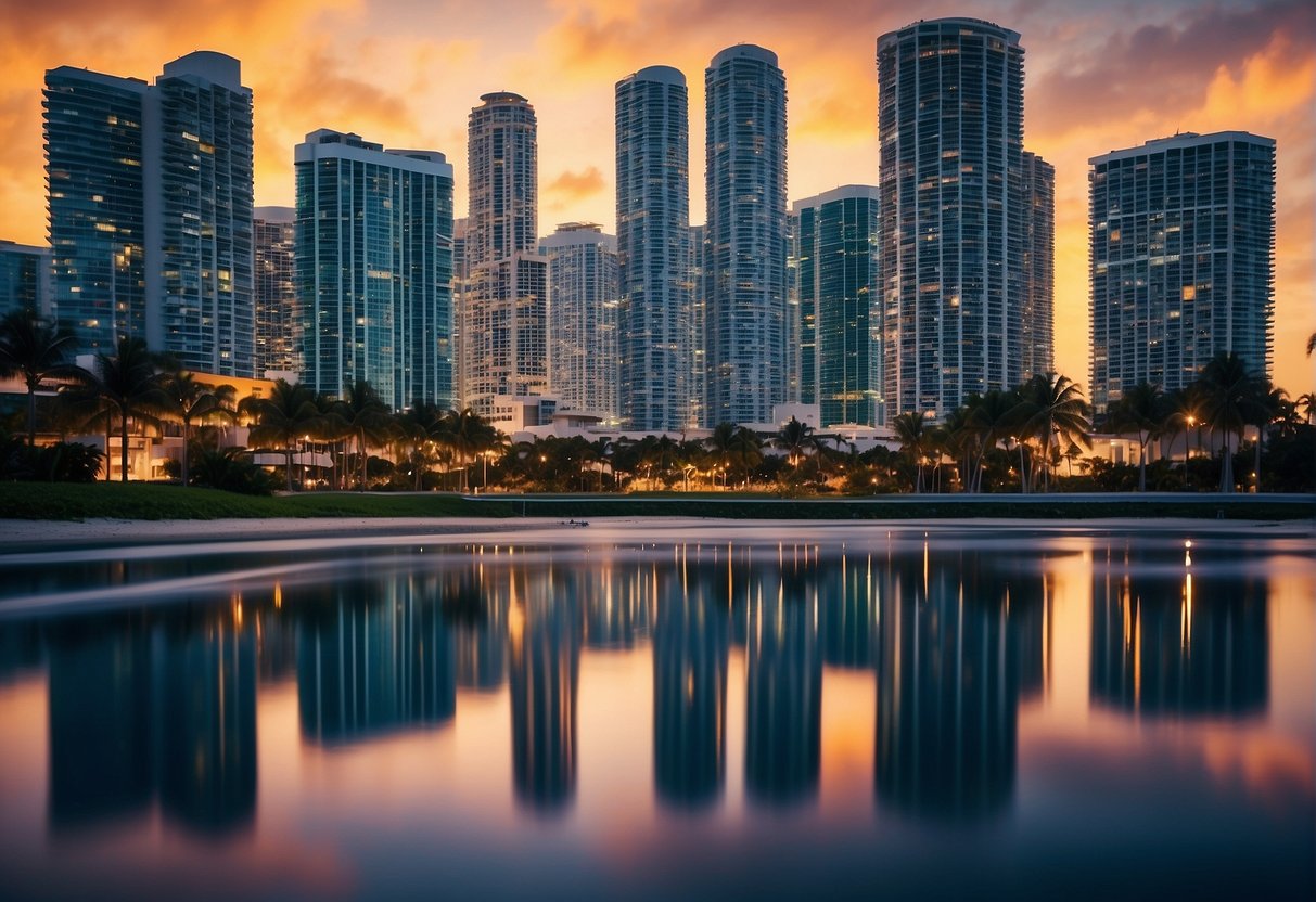 Vibrant Miami skyline with large format printing graphics on billboards and buildings, capturing the city's energy and modernity