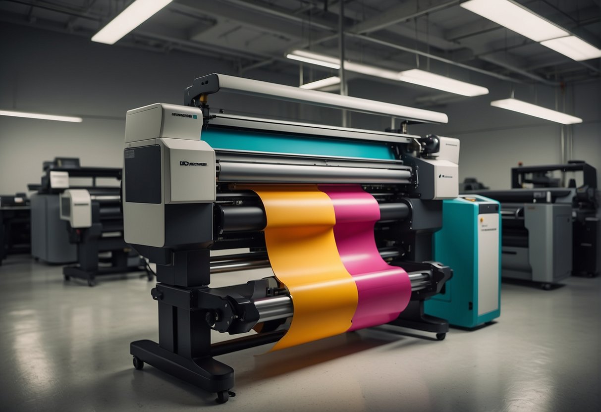 Brightly colored large format printers in a spacious Miami studio, with technicians adjusting settings and loading vibrant rolls of paper