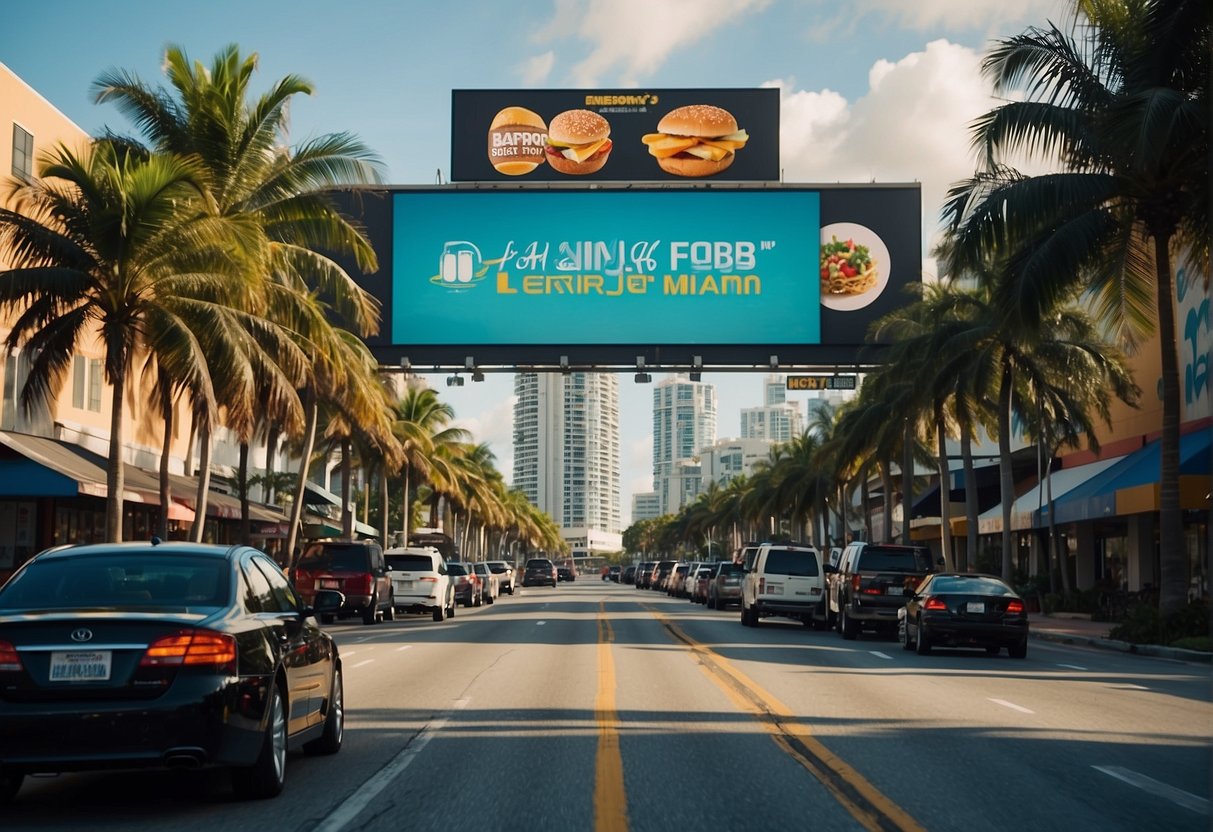A bustling Miami street lined with vibrant large format printed billboards and signage, showcasing impactful graphics for various businesses and events