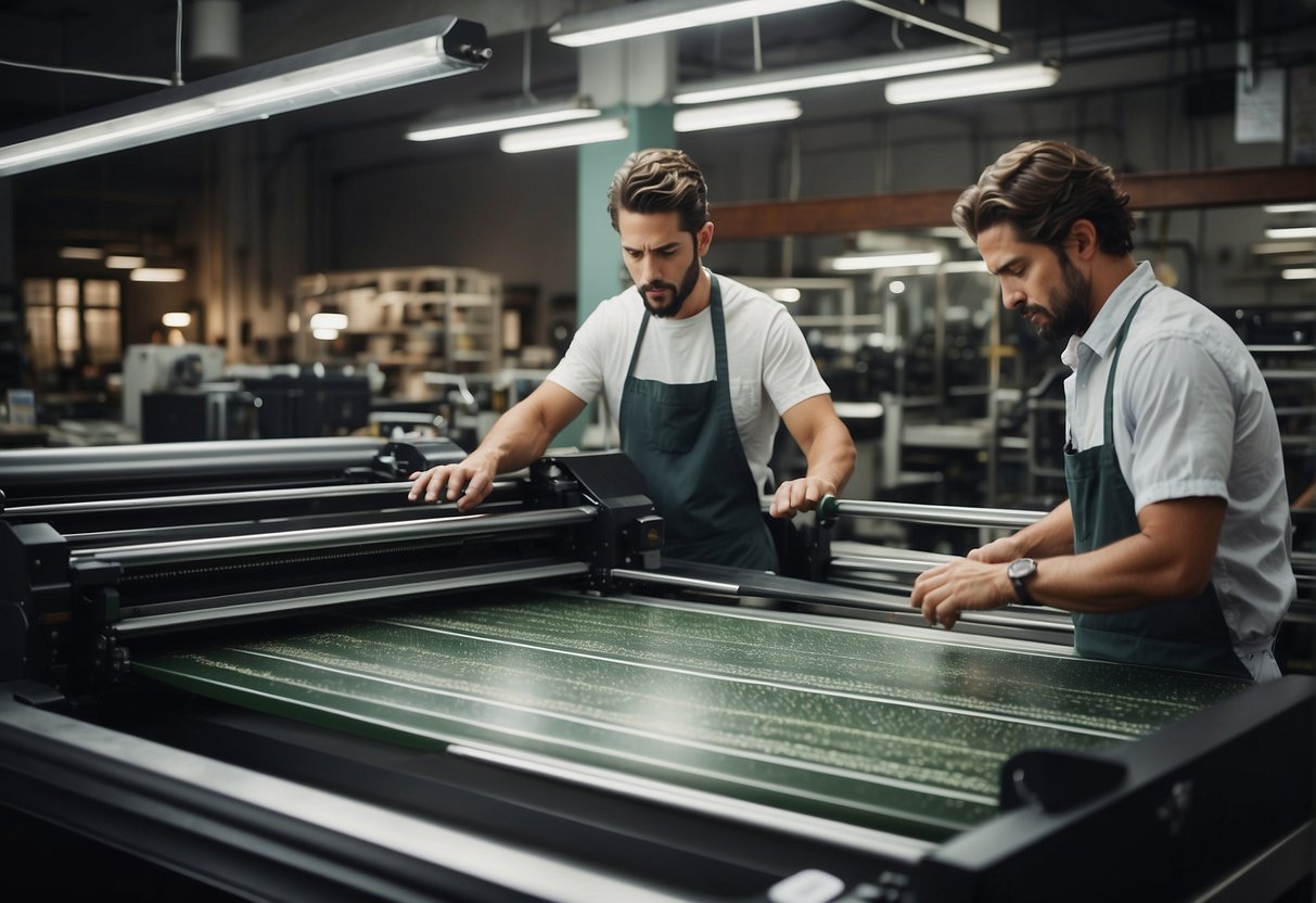 A bustling Miami print shop with large format printers, vivid graphics, and skilled workers producing impactful prints