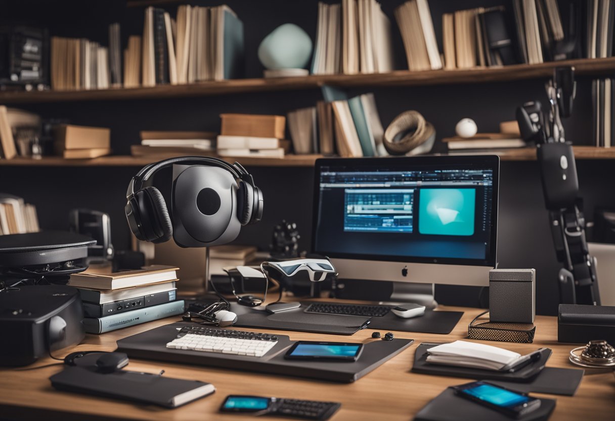 A cluttered desk with neatly arranged books, a computer, and various sensory items like fidget toys and noise-canceling headphones