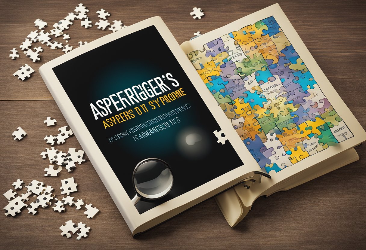 A book cover with the title "Asperger's Syndrome: A Comprehensive Guide to its 13 Symptoms" surrounded by puzzle pieces and a magnifying glass