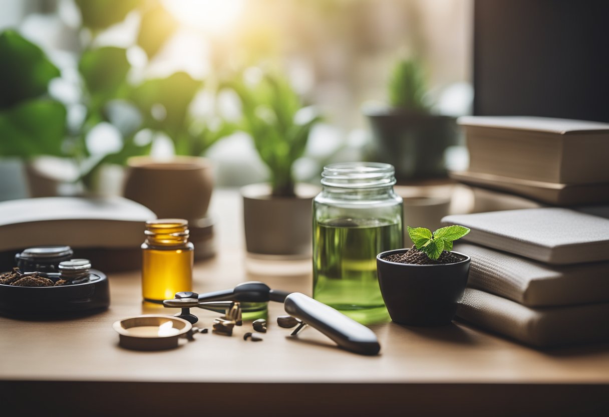 A calm and peaceful setting with a variety of therapeutic tools and support resources arranged neatly on a table or shelf