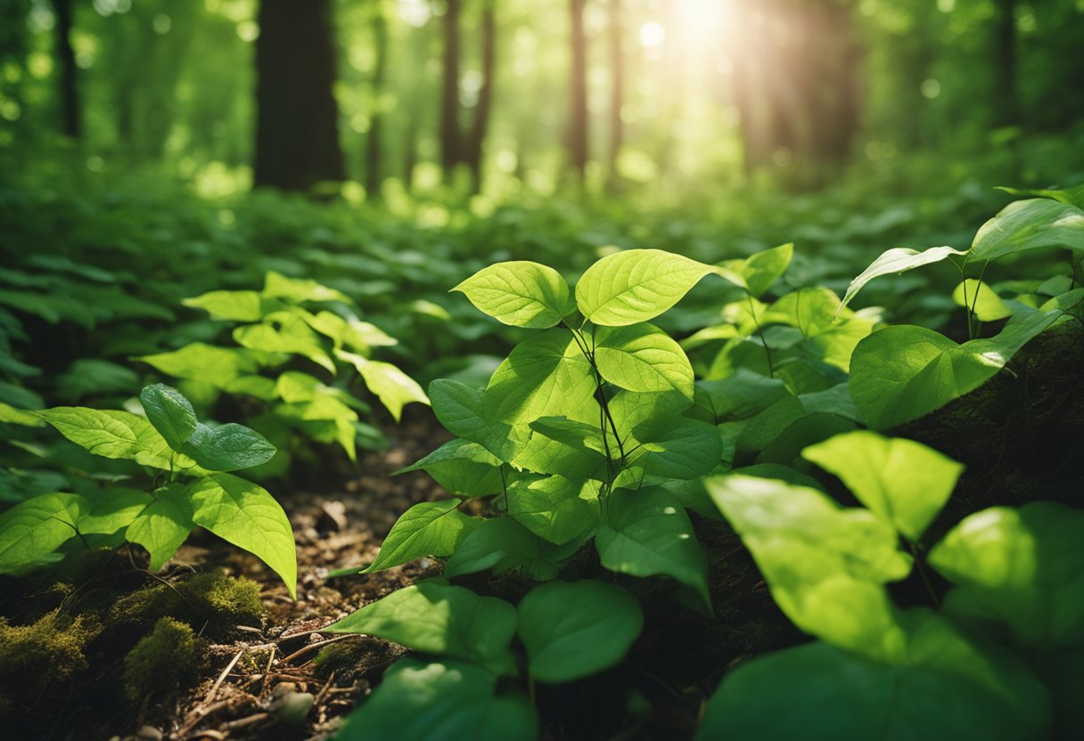 Lush green forest floor with vibrant poison ivy plants growing among other foliage. A clear stream runs through the scene, with sunlight filtering through the leaves