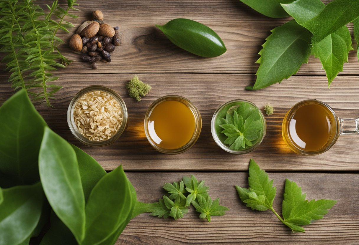 A collection of natural remedies for poison ivy, including aloe vera, oatmeal, and apple cider vinegar, displayed on a wooden table with green leaves in the background